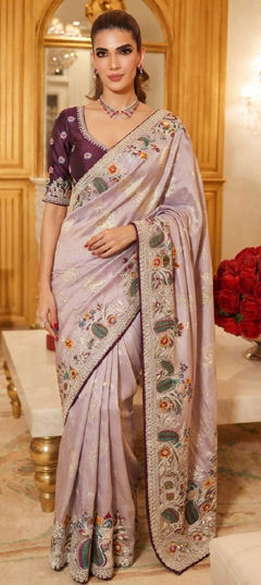 Purple and Violet color Saree in Kanjeevaram Silk fabric with Embroidered, Sequence, Stone work