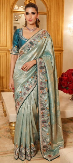 Blue color Saree in Kanjeevaram Silk fabric with Embroidered, Sequence, Stone work