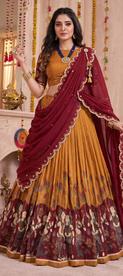 Yellow color Lehenga in Tussar Silk fabric with Printed work