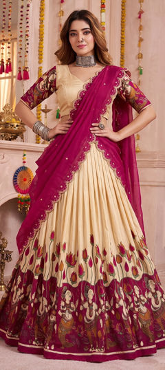 White and Off White color Lehenga in Tussar Silk fabric with Printed work