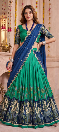 Green color Lehenga in Tussar Silk fabric with Printed work