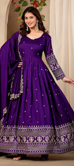 Purple and Violet color Salwar Kameez in Art Silk fabric with Embroidered, Sequence work