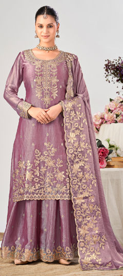 Pink and Majenta color Salwar Kameez in Tissue fabric with Embroidered, Zircon work