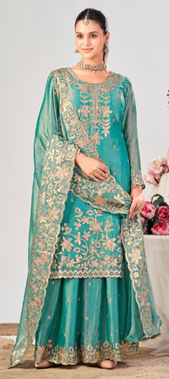 Blue color Salwar Kameez in Tissue fabric with Embroidered, Zircon work