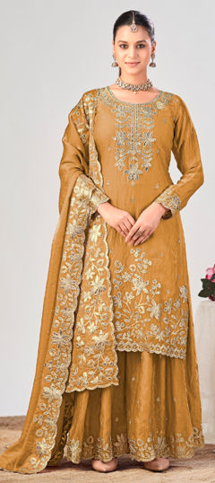 Yellow color Salwar Kameez in Tissue fabric with Embroidered, Zircon work
