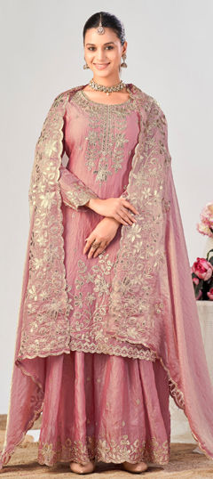Pink and Majenta color Salwar Kameez in Tissue fabric with Embroidered, Zircon work