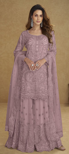 Purple and Violet color Salwar Kameez in Net fabric with Embroidered, Stone work