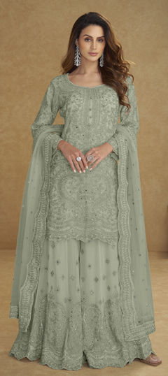 Green color Salwar Kameez in Net fabric with Embroidered, Stone work