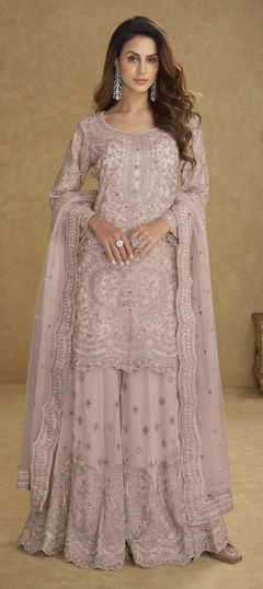 Pink and Majenta color Salwar Kameez in Net fabric with Embroidered, Stone work