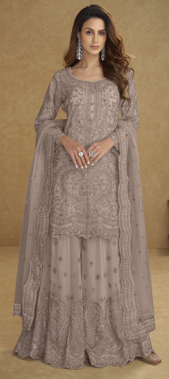 Purple and Violet color Salwar Kameez in Net fabric with Embroidered, Stone work