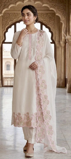 White and Off White color Salwar Kameez in Roman Silk fabric with Embroidered, Sequence work