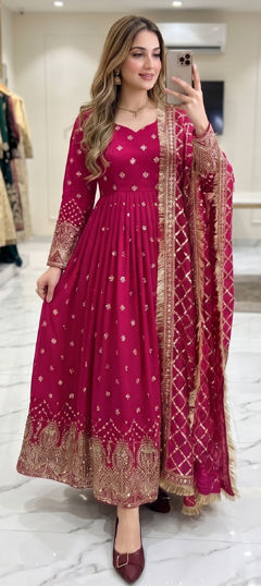 Pink and Majenta color Salwar Kameez in Faux Georgette fabric with Embroidered, Sequence work