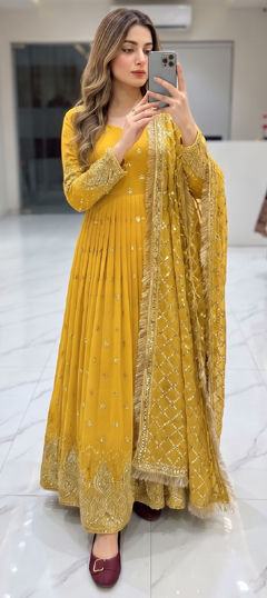 Yellow color Salwar Kameez in Faux Georgette fabric with Embroidered, Sequence work