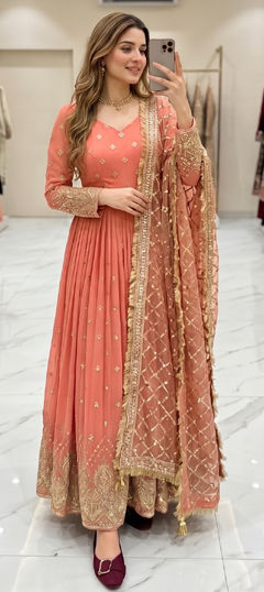 Pink and Majenta color Salwar Kameez in Faux Georgette fabric with Embroidered, Sequence work