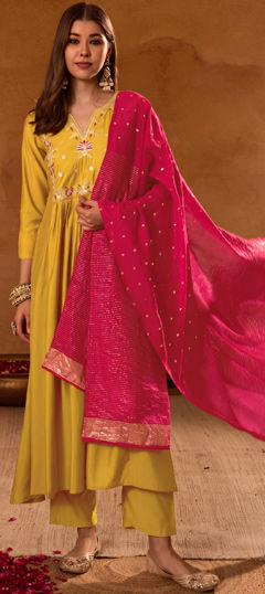 Pink and Majenta, Yellow color Salwar Kameez in Viscose fabric with Embroidered, Sequence work
