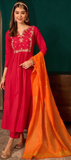 Orange, Pink and Majenta color Salwar Kameez in Viscose fabric with Embroidered, Sequence work