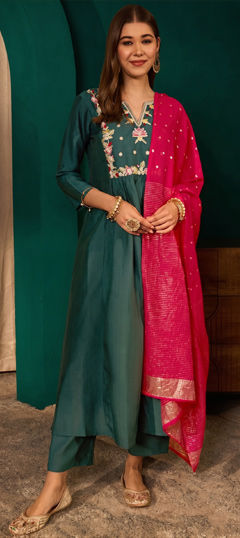 Green, Pink and Majenta color Salwar Kameez in Viscose fabric with Embroidered, Sequence work