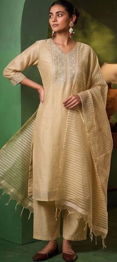 Beige and Brown color Salwar Kameez in Blended fabric with Embroidered, Sequence work