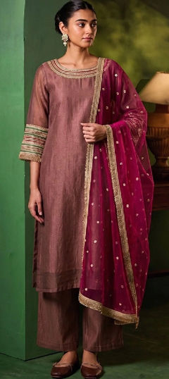 Beige and Brown, Pink and Majenta color Salwar Kameez in Blended fabric with Embroidered, Sequence work
