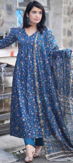 Blue color Salwar Kameez in Rayon fabric with Lace, Printed work
