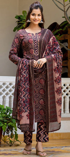 Red and Maroon color Salwar Kameez in Rayon fabric with Lace, Printed work