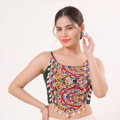Green color Blouse in Cotton fabric with Mirror, Thread work