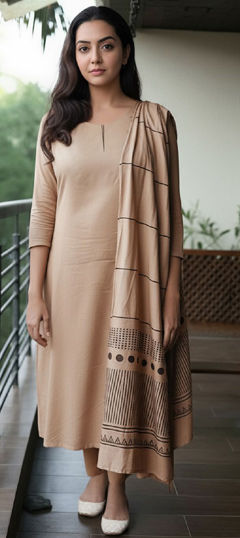 Beige and Brown color Salwar Kameez in Rayon fabric with Printed work