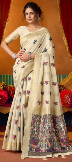 Beige and Brown color Saree in Silk fabric with Weaving work