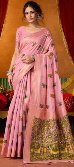 Pink and Majenta color Saree in Silk fabric with Weaving work