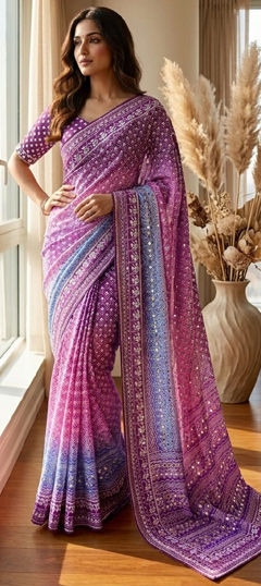 Purple and Violet color Saree in Faux Georgette fabric with Printed, Sequence work