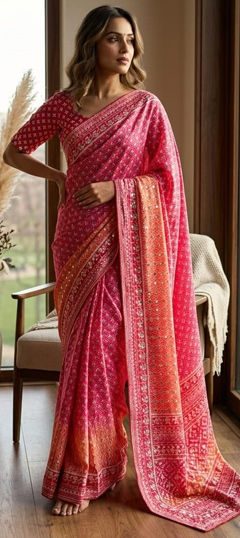 Pink and Majenta color Saree in Faux Georgette fabric with Printed, Sequence work