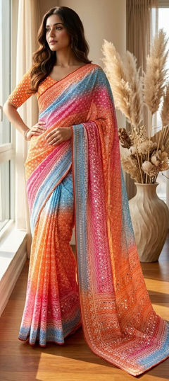 Multicolor color Saree in Faux Georgette fabric with Printed, Sequence work