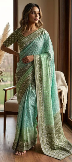 Blue, Green color Saree in Faux Georgette fabric with Printed, Sequence work