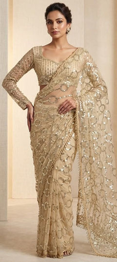 Gold color Saree in Net fabric with Embroidered, Sequence work