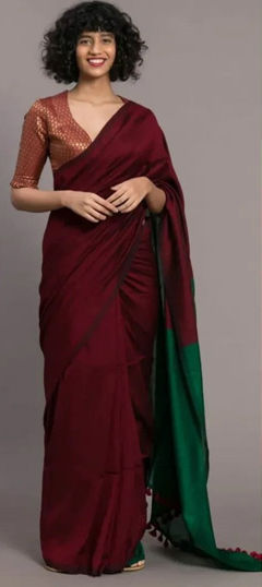 Red and Maroon color Saree in Cotton fabric with Thread work