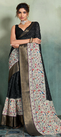 Black and Grey color Saree in Linen fabric with Printed, Weaving, Zari work