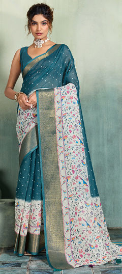 Blue color Saree in Linen fabric with Printed, Weaving, Zari work