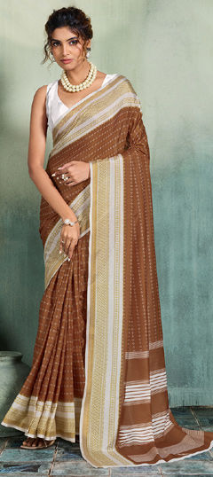Beige and Brown color Saree in Mul Cotton fabric with Printed, Weaving, Zari work