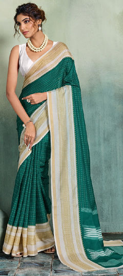 Green color Saree in Mul Cotton fabric with Printed, Weaving, Zari work