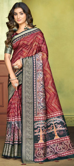 Red and Maroon color Readymade Saree in Silk fabric with Printed work