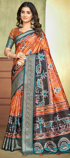 Orange color Readymade Saree in Silk fabric with Printed work