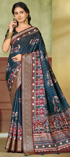 Blue color Readymade Saree in Silk fabric with Printed work