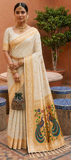 White and Off White color Saree in Silk fabric with Weaving, Zari work