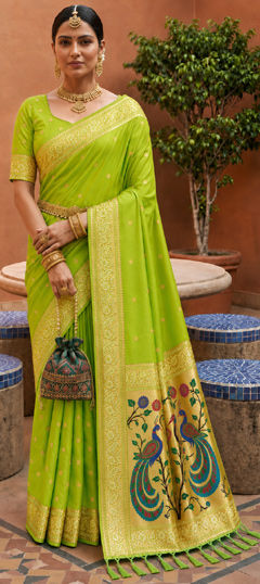Green color Saree in Silk fabric with Weaving, Zari work