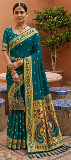 Green color Saree in Silk fabric with Weaving, Zari work
