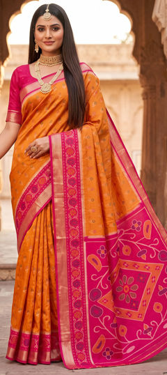 Orange color Saree in Silk fabric with Weaving, Zari work