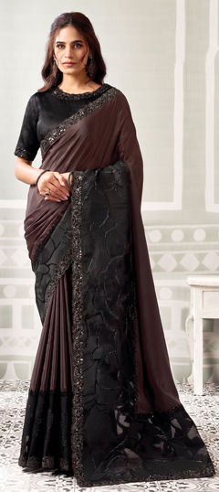 Beige and Brown, Black and Grey color Saree in Crepe Silk fabric with Embroidered, Moti, Stone work