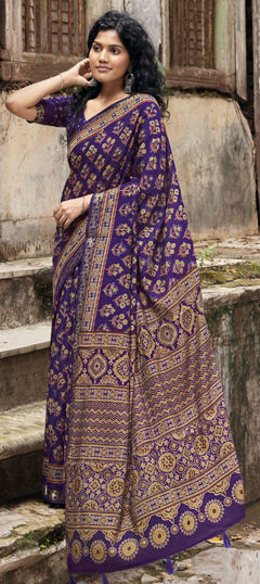 Blue color Readymade Saree in Silk fabric with Printed work