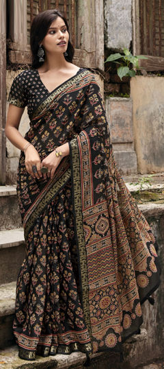 Black and Grey color Readymade Saree in Silk fabric with Printed work
