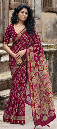 Red and Maroon color Readymade Saree in Silk fabric with Printed work